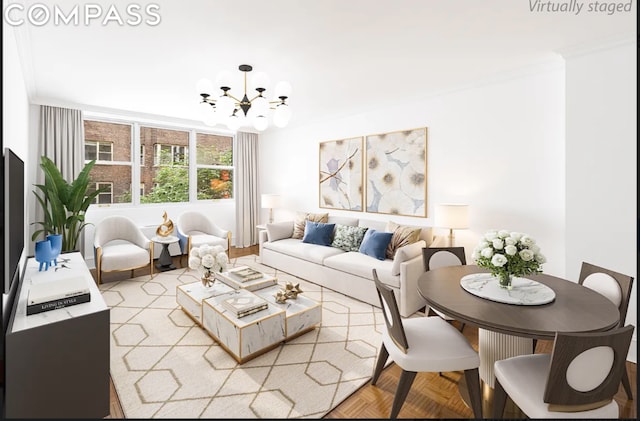 living room with crown molding, light parquet flooring, and a chandelier