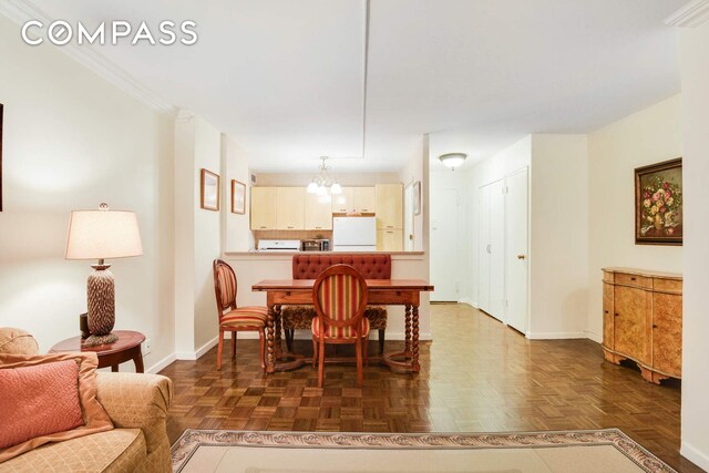 unfurnished room featuring radiator, parquet floors, and an inviting chandelier