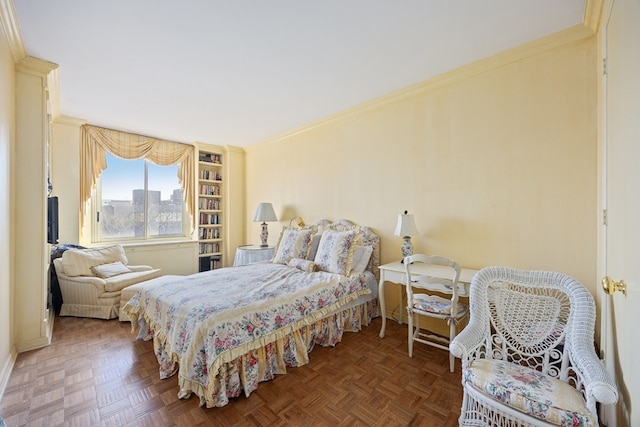 bedroom with crown molding and parquet floors