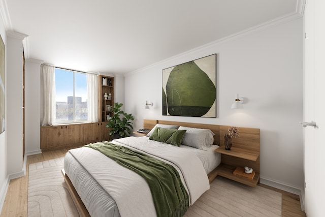 bedroom featuring ornamental molding and light hardwood / wood-style floors