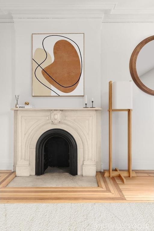 room details featuring hardwood / wood-style floors and a premium fireplace