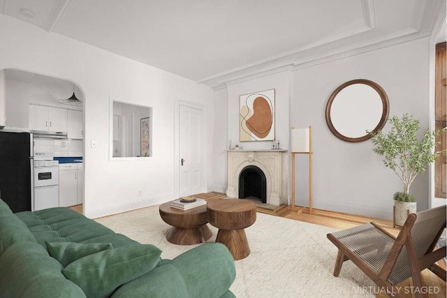 living room featuring crown molding and light hardwood / wood-style floors