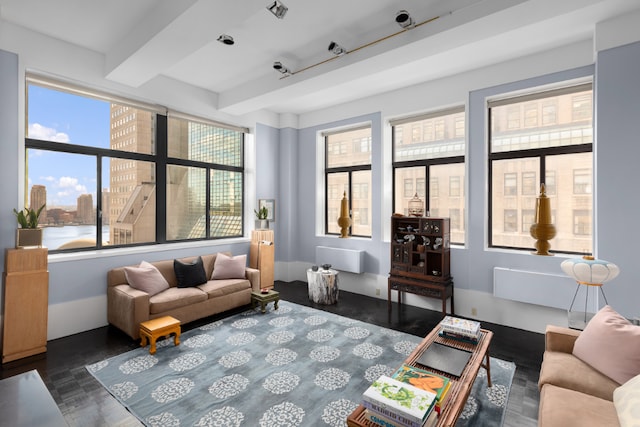 sunroom with beamed ceiling