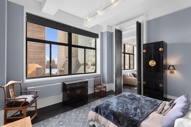 bedroom featuring dark wood-type flooring and track lighting