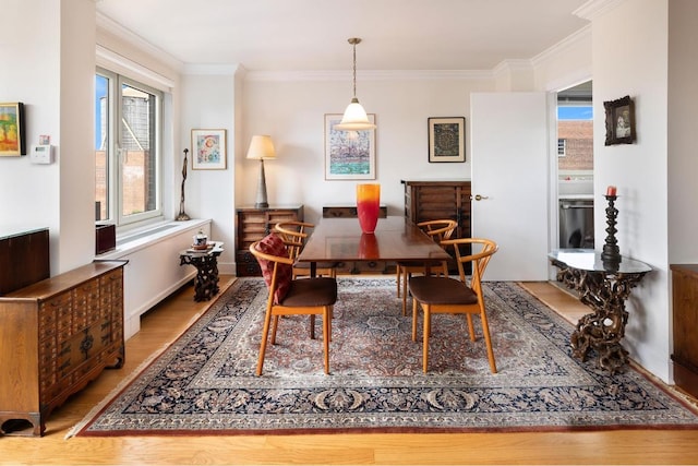 dining area with crown molding, light hardwood / wood-style flooring, and plenty of natural light