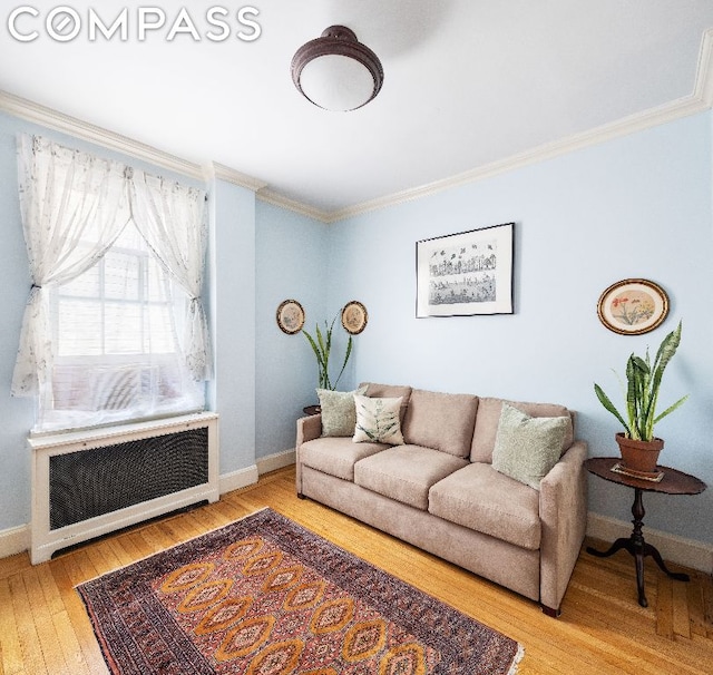 living room featuring hardwood / wood-style flooring, radiator heating unit, and ornamental molding