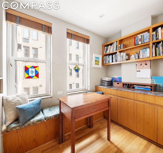 office area with light hardwood / wood-style floors