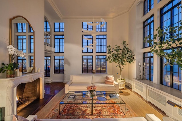 interior space with a high ceiling, hardwood / wood-style floors, and crown molding