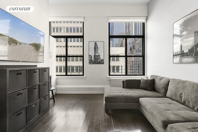 living room featuring baseboards and dark wood finished floors