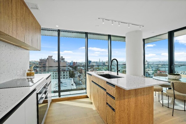 kitchen with sink, light stone counters, a center island, light wood-type flooring, and black appliances