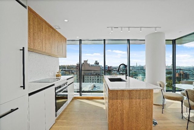 kitchen featuring white cabinetry, sink, a kitchen island with sink, stainless steel oven, and light stone countertops