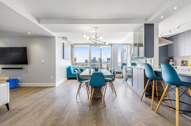 dining area featuring baseboards, light wood-style flooring, an inviting chandelier, rail lighting, and a view of city