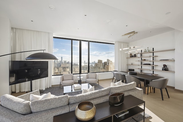 living room featuring a view of city and wood finished floors