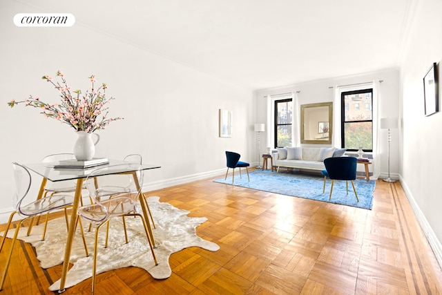 living room featuring parquet flooring