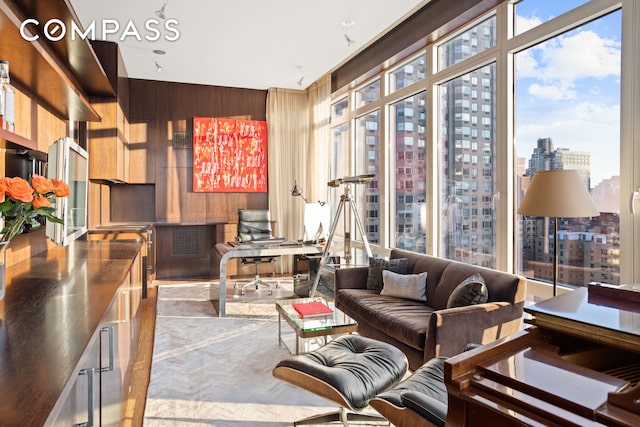 living room featuring a view of city and wooden walls