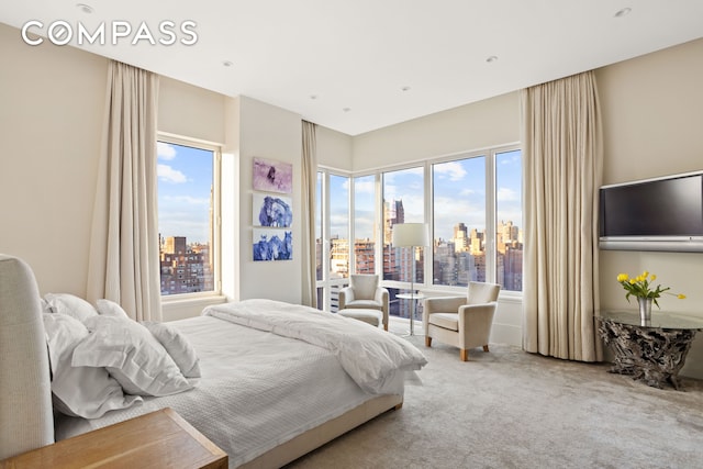 carpeted bedroom with multiple windows and a city view