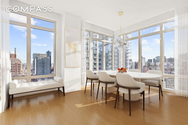 dining area featuring a city view, wood finished floors, and a healthy amount of sunlight