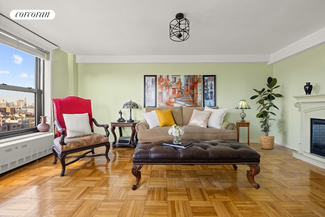 living room featuring light parquet floors