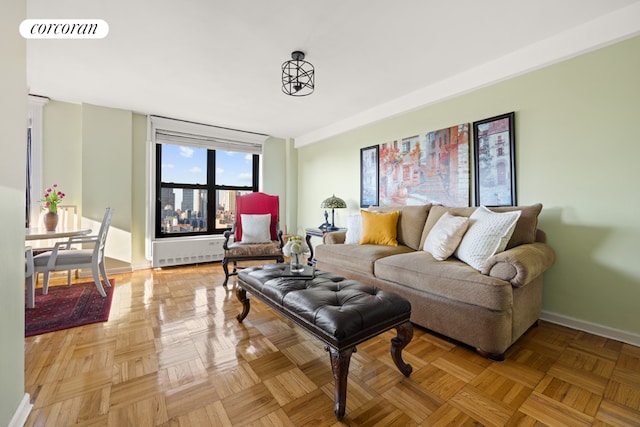 living room featuring light parquet flooring