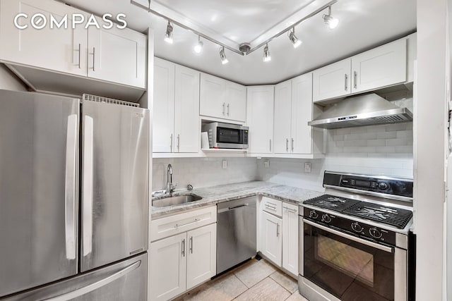kitchen featuring stainless steel appliances, a sink, under cabinet range hood, white cabinets, and decorative backsplash