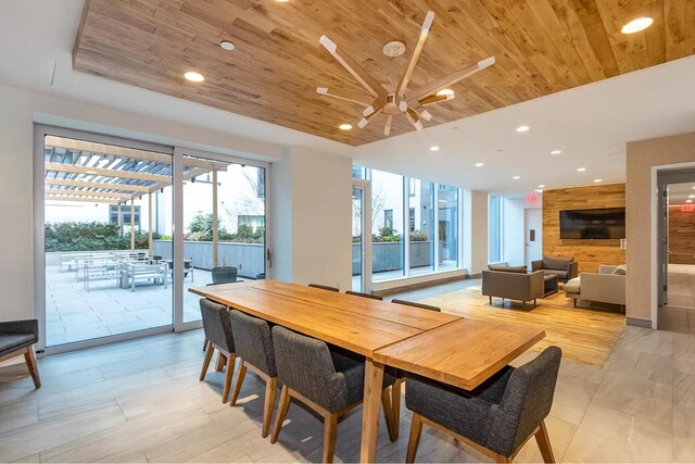 285 W 110th St Unit 2A, New York City, NY 10026 - dining space featuring wood ceiling, recessed lighting, and a ceiling fan