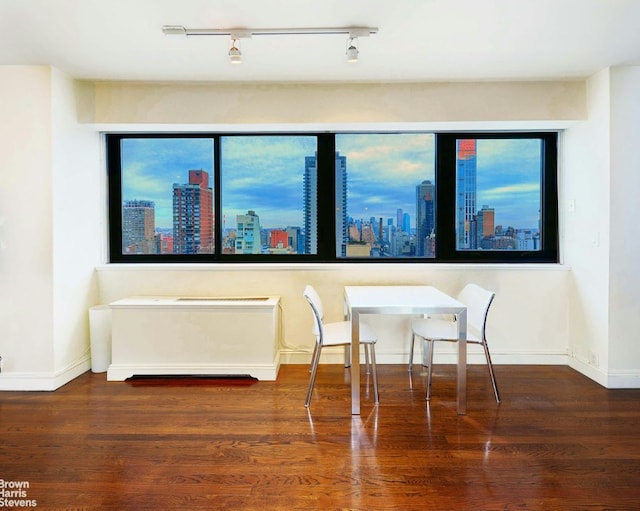 dining space featuring dark wood-type flooring