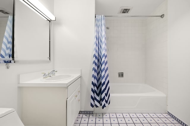 full bathroom with shower / bathtub combination with curtain, visible vents, vanity, and toilet