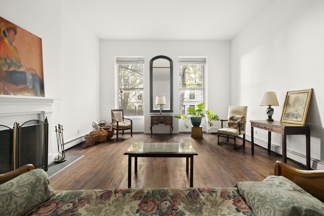 sitting room with baseboard heating, a fireplace, baseboards, and wood finished floors