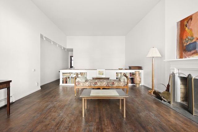 living area featuring a baseboard heating unit, baseboards, a fireplace with raised hearth, and wood finished floors