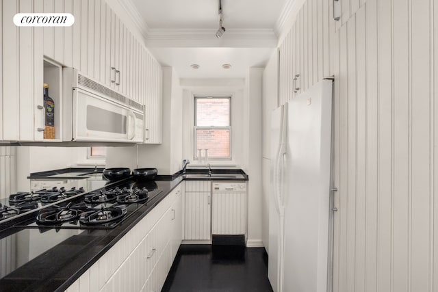 kitchen with white cabinets, white appliances, and ornamental molding