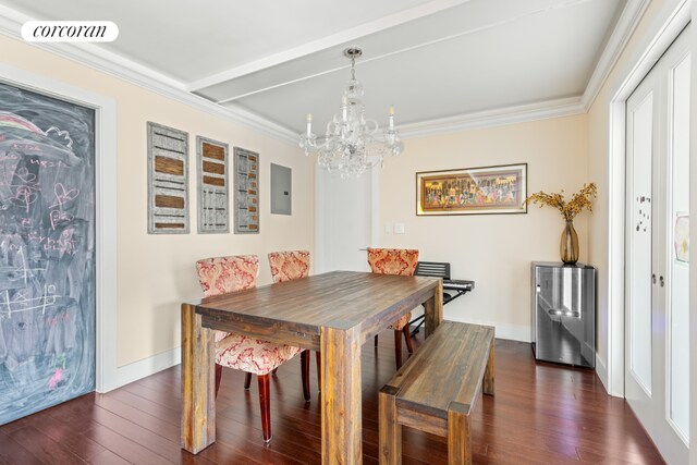 dining area with dark wood-type flooring, electric panel, visible vents, and crown molding