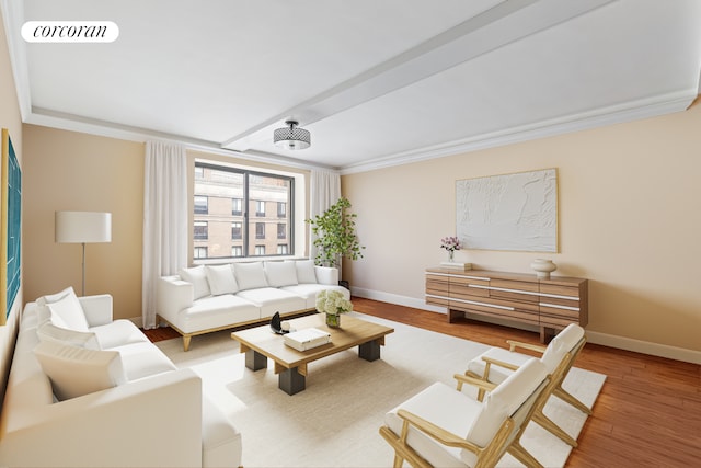 300 Rector Pl Unit 8Lm, New York City, NY 10280 - living area featuring baseboards, ornamental molding, and wood finished floors