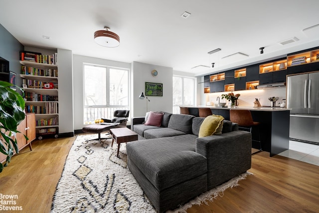 living room with a healthy amount of sunlight and light hardwood / wood-style flooring