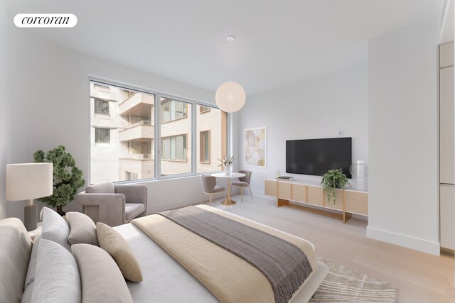 bedroom with baseboards, visible vents, and light wood-type flooring