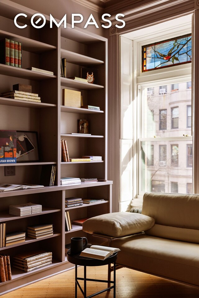 living area featuring ornamental molding