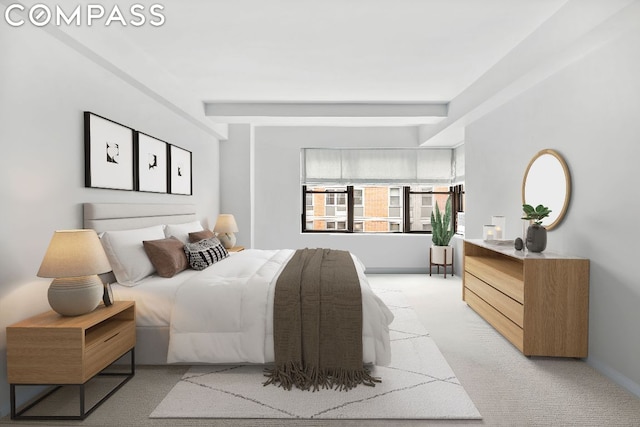 bedroom featuring light carpet and beam ceiling