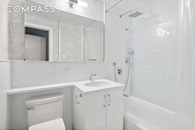 full bath with vanity, shower / bath combination with curtain, toilet, and tasteful backsplash