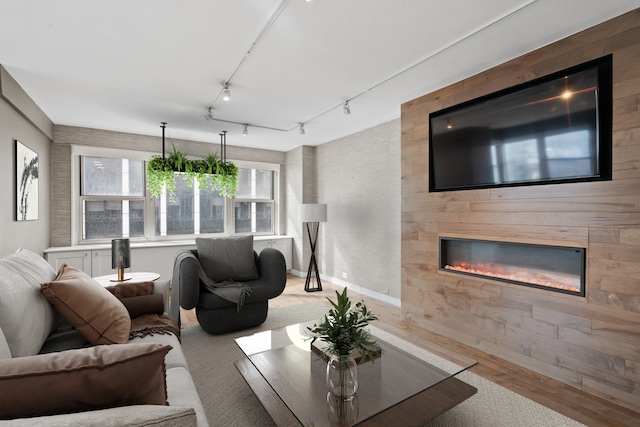 living room featuring a glass covered fireplace, wood finished floors, and rail lighting