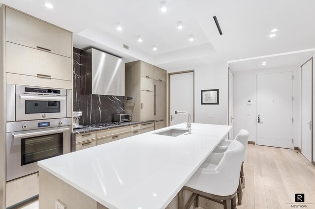 kitchen with sink, a center island with sink, light wood-type flooring, a raised ceiling, and stainless steel appliances