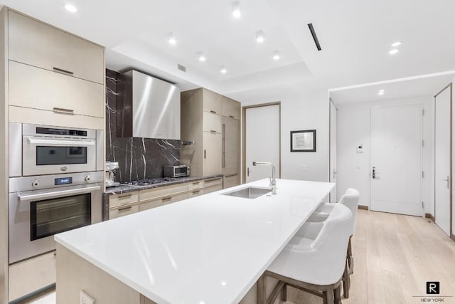 kitchen featuring sink, light hardwood / wood-style flooring, an island with sink, stainless steel appliances, and decorative backsplash