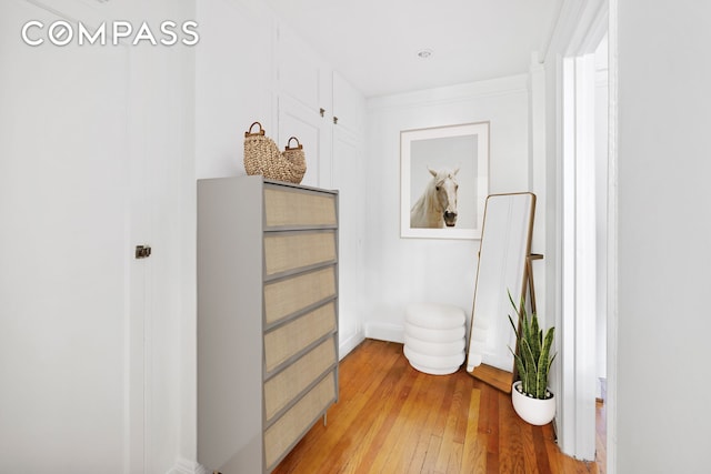 hallway featuring light wood finished floors and baseboards