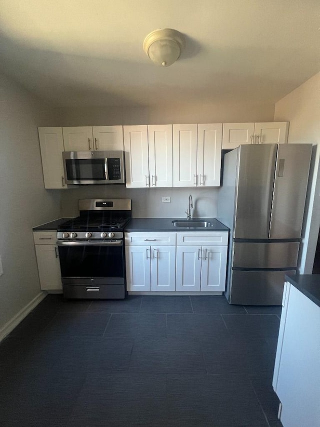 kitchen featuring dark countertops, a sink, appliances with stainless steel finishes, white cabinets, and dark tile patterned flooring