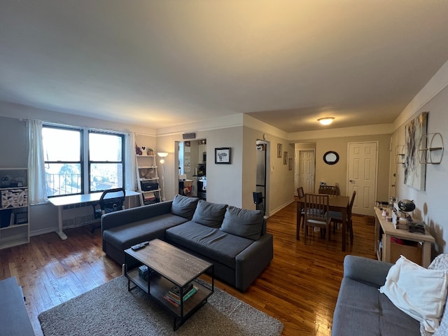 living room with dark hardwood / wood-style floors