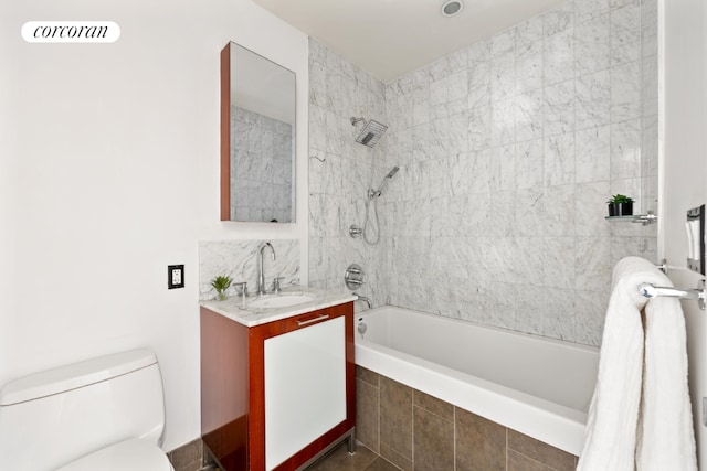 full bathroom featuring toilet, vanity, and shower / bathtub combination with curtain