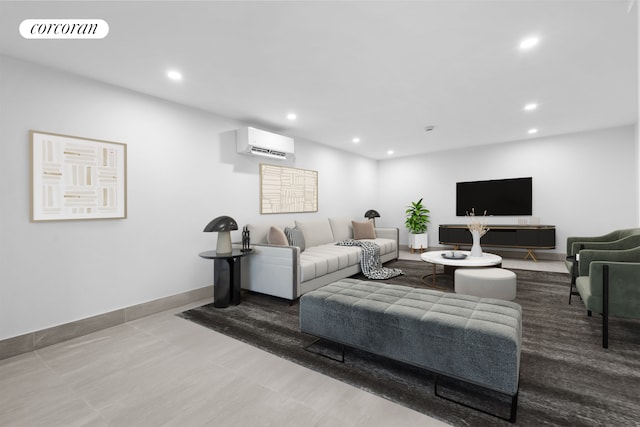 living area with recessed lighting, visible vents, baseboards, and a wall mounted AC