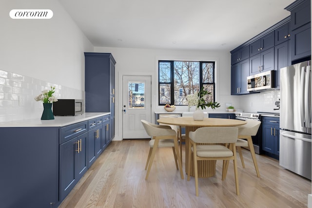 kitchen featuring decorative backsplash, stainless steel appliances, and blue cabinets