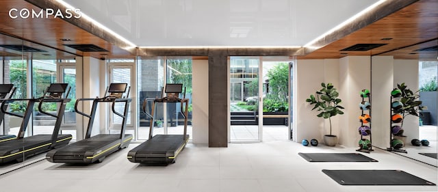 gym featuring wood ceiling