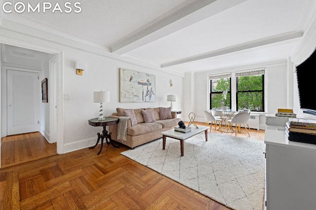 living room with parquet flooring and beam ceiling