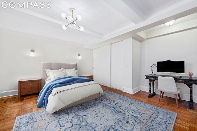 bedroom with beamed ceiling, a notable chandelier, and dark parquet floors