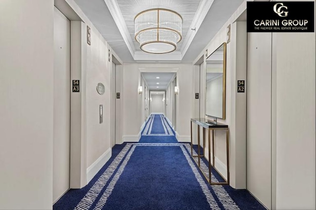 corridor featuring a tray ceiling, elevator, carpet floors, and ornamental molding